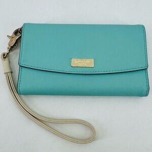 Kate Spade Saffiano Leather Mint Green Phone Holder Trifold Wristlet Wallet